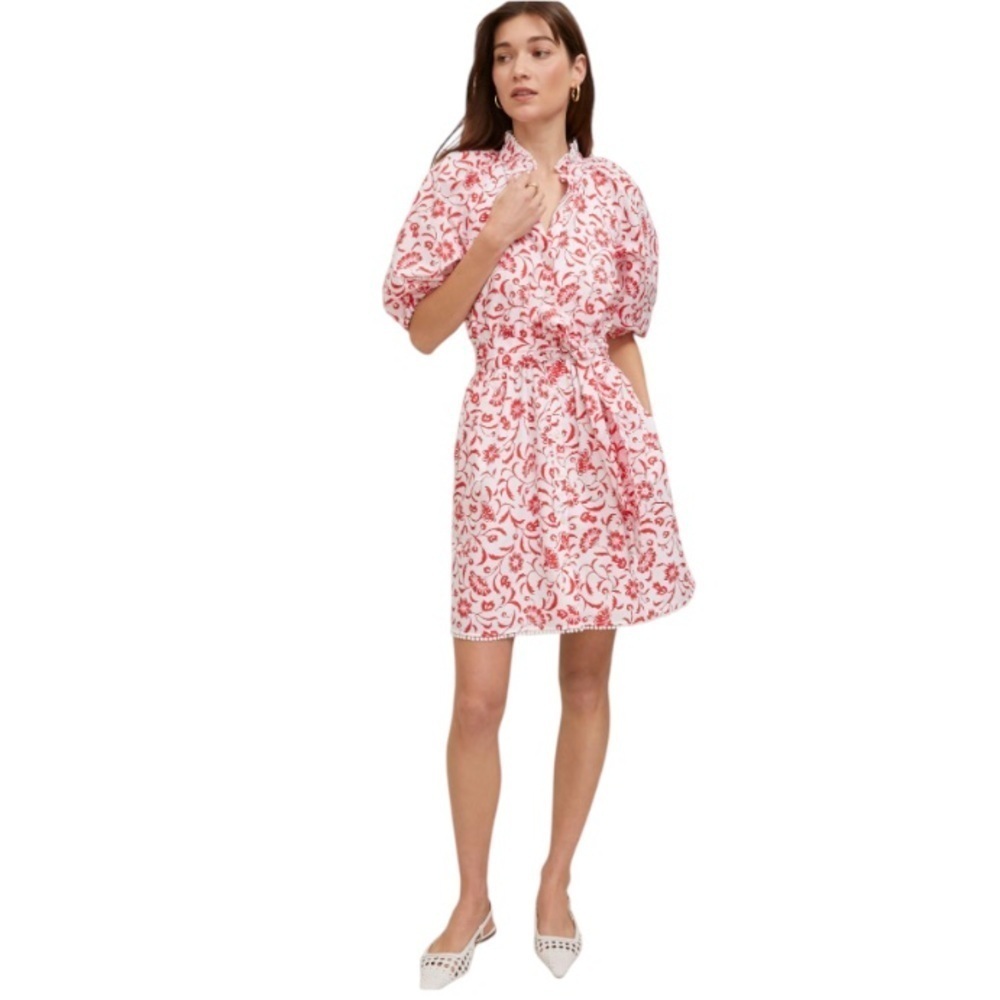 Ann Taylor Floral Ruffle Neck flare Dress NWT Fiery Red White Flirty Feminine